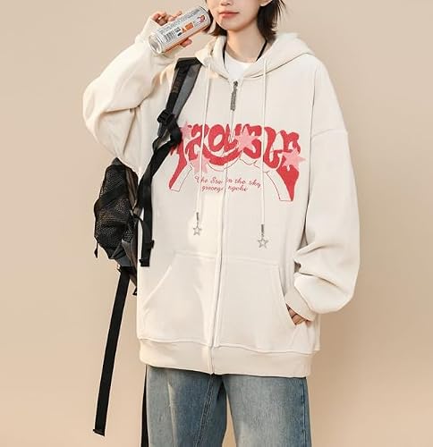 Sumleno Y2K Zip Up Hoodie Letter Print Star Graphic Grunge Hooded Corduroy Sweatshirt Jacket Oversized Retro Y2k Clothing (Beige,2XL) — view 3