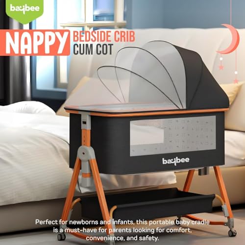 Image of BAYBEE Premium Pro Bedside Crib Cradle for Baby | Bassinet for New Born with 6 Height Adjustable & Rocking Mode | Foldable Cot with Mosquito Net & Storage | Portable Bedside Baby Cribs & Cots (Black)