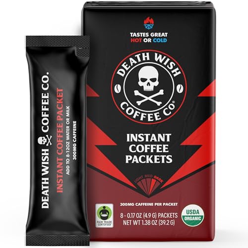 Death Wish Coffee Instant Dark Roast Coffee Packets, Bold & Intense Blend of Arabica & Robusta Beans, USDA Organic, 8 Count