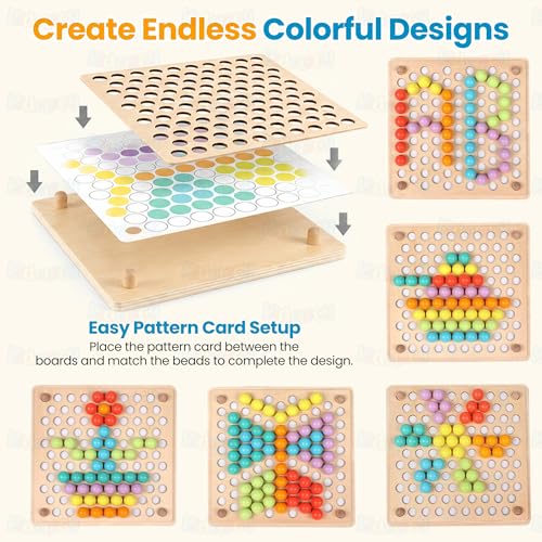 Image of Kidology Wooden Color Sorting Bead Toy | Color Matching, Sorting, and Counting Board Puzzle with 77 Colorful Beads, Cups, and Pattern Cards Toy for Babies and Toddlers
