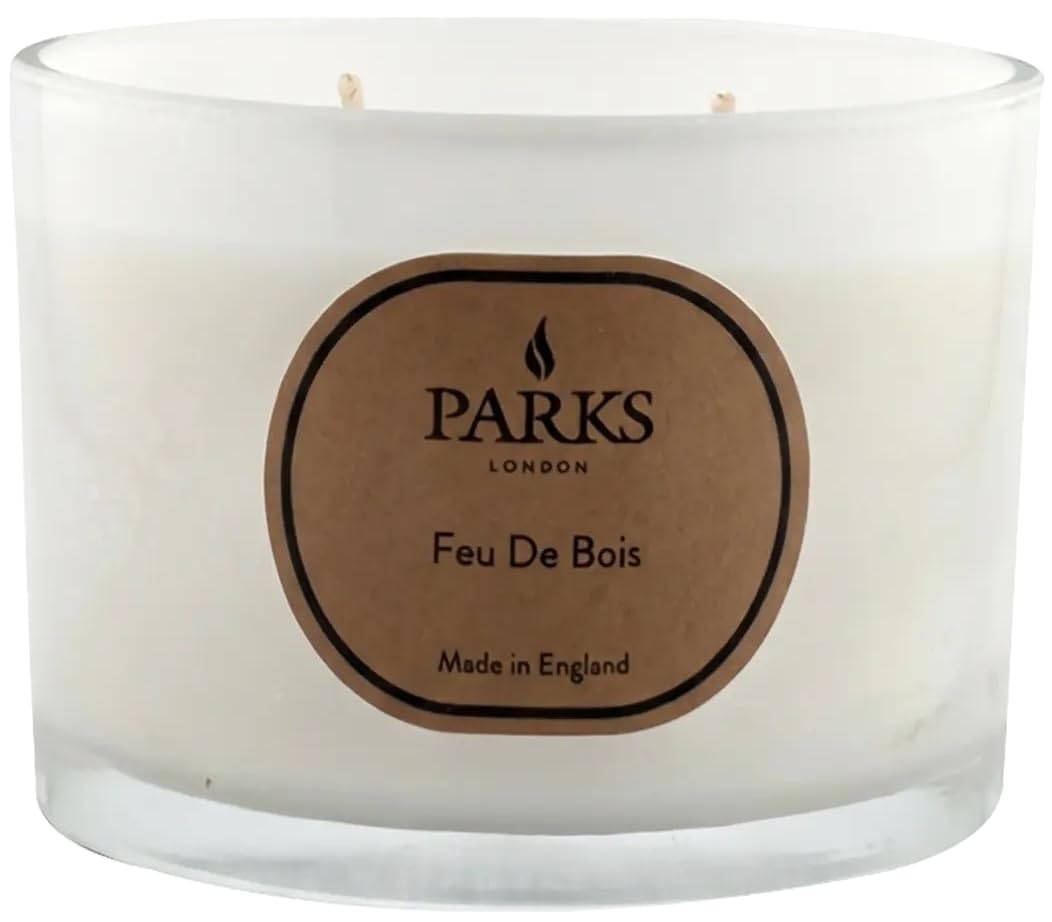 Parks London White Feu De Bois Scented Candle, 3-Wick, Aromatherapy, Made In England