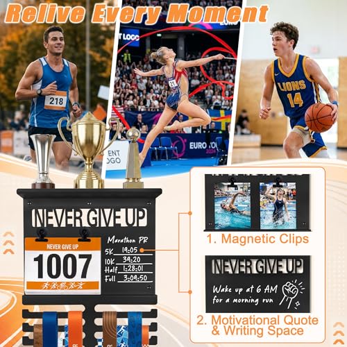 Image of Running Medal Hanger Display with Trophy Shelf, Never Give Up Race Medal Display with Photo or Race Bib Holder, Writable Goal Area, Wall Mounted, Black