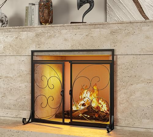 Kingson Fireplace Screen with Hinged Doors Magnetic 2 Panels Sturdy Steel Frame Durable Metal Mesh...
