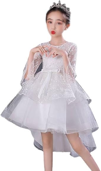 Kids Little Girls Dress Jacquard Party Birthday Embroidered Mesh Bow Asymmetrical 3/4 Length Sleeve Princess,White,150