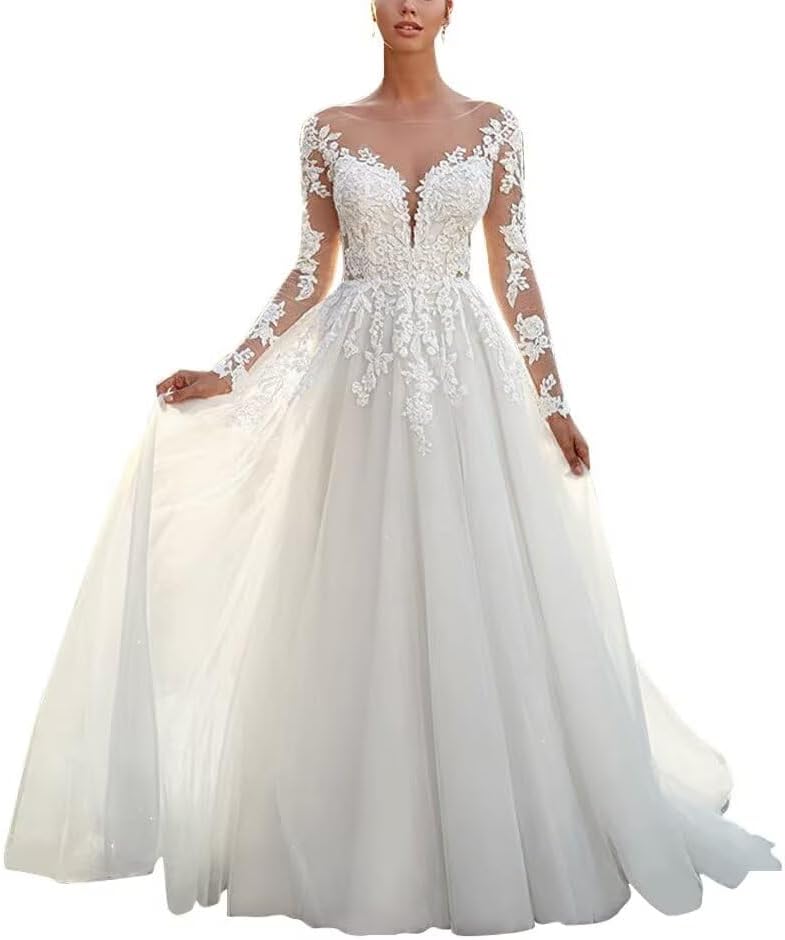 MeiLiqe Lace Appliques A-Line Wedding Dresses for Bride 2026 Beach Bridal Gowns with Train size small