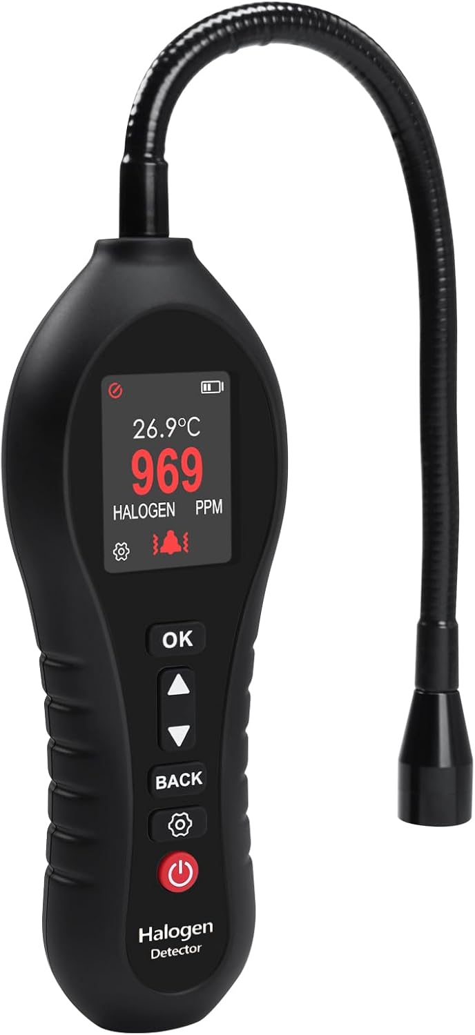 Halogen Gas Detector Refrigerant Leak Detector 0-1000ppm CFCs HCFC HFCS Detection 10.5-inch Gooseneck Probe, Vibration, Beep and Visual Alert for Air Conditioning, Industrial Plant, Car Repair etc.