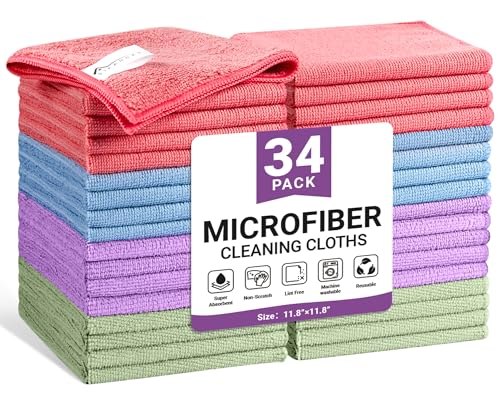 Image of SIFANGKE Microfiber Cleaning Cloth, 34 Pack Assorted Color Cleaning Rags for Housekeeping, Colorful Reusable Microfiber Towels for Car, Kitchen, Bathroom and Household Cleaning Supplies, 11.8 inchX11.8 inch