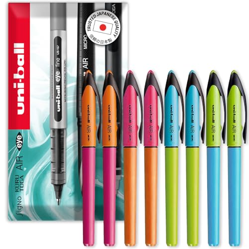 uni-ball Air UBA-188E-M - Penna a sfera da 0,5 mm, fusti blu, verde, rosa e arancione, inchiostro nero, confezione da 8, in confezione regalo