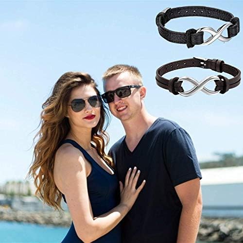 Cupimatch 2PCS Stainless Steel Love Infinity Couples Leather Bracelet for Men Women, Adjustable