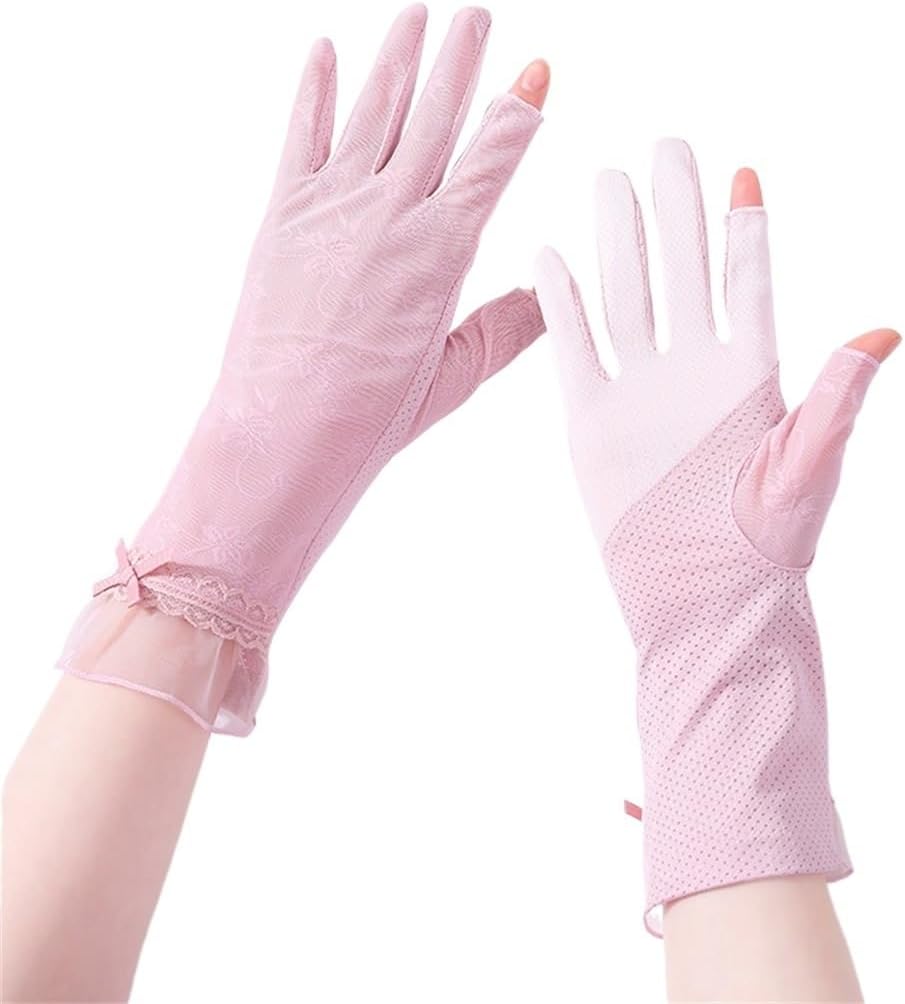 Ice Silk Cool Lace Thin Gloves Women's Driving Riding Elastic Breathable Leak Two Fingers