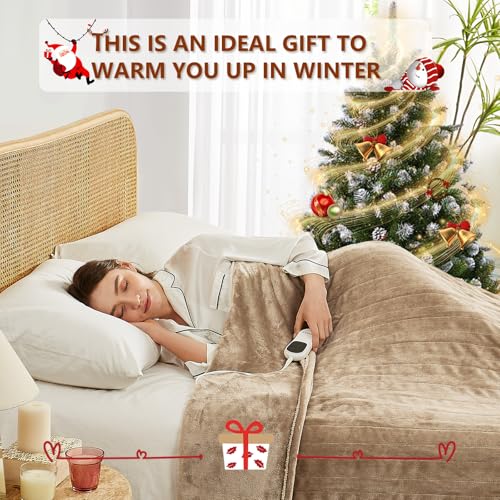 JKMAX Electric Heated Blanket - 10 Heating Levels, Auto Off, Ultra Soft Overheat Protection, Queen Size 84" x 90", Beige
