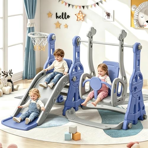 Tobogán para Niños 4 en 1, Tobogán para Bebé con Canasta de Baloncesto, Cuna Balancín, Columpio, Tobogán Interior y Exterior para Niños, Tobogán para Pequeños (Azul, 140x118x82 cm)