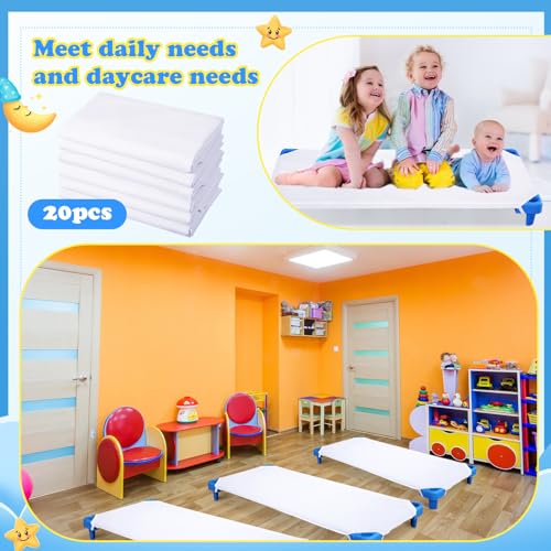 Image of Macarrie 20 Pack Cot Sheets for Daycare Standard Size 23 inch x 51 inch Toddler Cot Sheets, Soft Breathable Preschool Nap Sheet Polyester Cotton Daycare Essentials for Boys Girls Naptime Sleeping, White