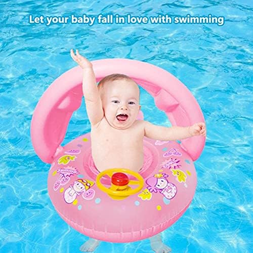 Baby Swimming Float with Inflatable Sunshade,Baby Swimming Ring with Steering Wheel Swim Safe Seat Baby Swimming Aid Float for Age of 3-48 Months Helps Baby Learn to Kick and Swim