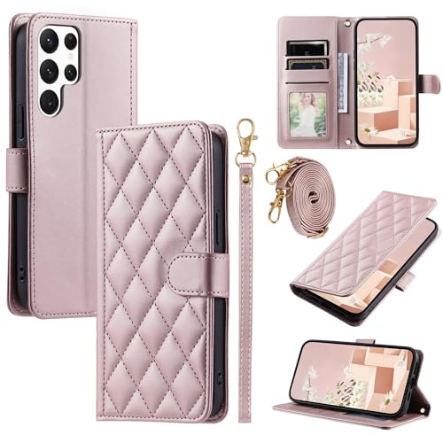 Furiet Wallet Case for Samsung Galaxy S22 Ultra 5G with Wrist Strap, Shoulder Strap, Multiple Card Slots Folio Purse, PU Leather Stand Phone Cover for S22ultra 22S S 22 S22ultra5g 6.8 Women Men Pink