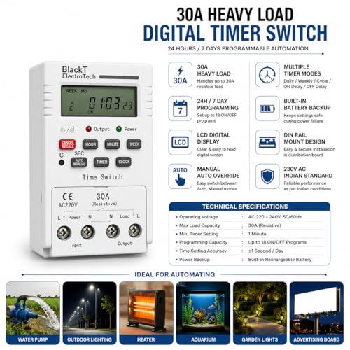 Image of Blackt Electrotech BT41D6 230V 30Amps Digital Programmable Timer Switch | DIN Rail Mounted | 18 On /Off Programs | Daily /Weekly Cycle & Second Setting | Heavy Duty for Industrial & Home Use