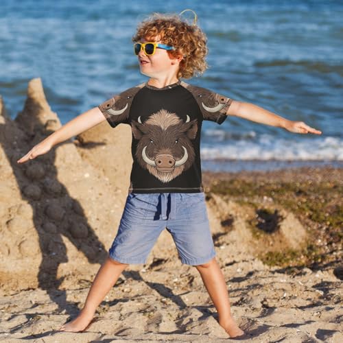Boys Short Sleeve T-Shirts Wild Pig Black Rashguard Kids Swim Shirts Sun UPF 50+4