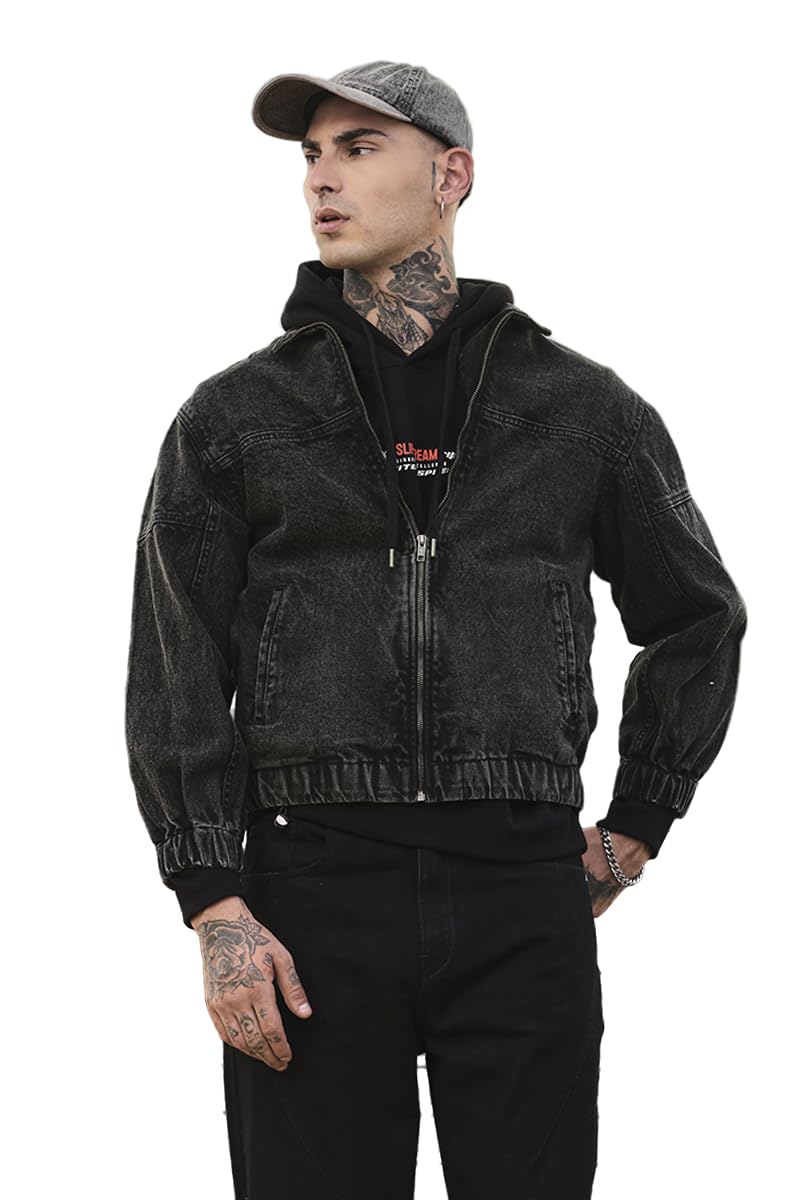 SNITCH GRIND Men Streetwear Jacket| Oversized Fit Lapel Collar & Washed Pattern | 100% Cotton Denim Fabric With Zipper Closure For Casual Urban Wear & Daily Outings in blue