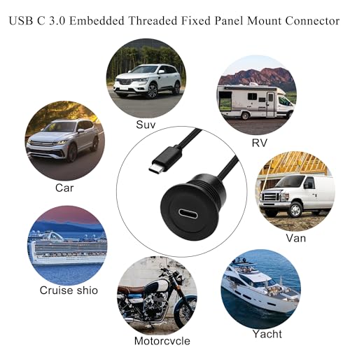 QIANRENON Adapter do montażu podtynkowego 5 Gb/s, szybkie ładowanie, krótki kabel, PD60W, USB typu C 3.0, męski na żeński, gwintowany, stały montaż, maks. 20 V 3 A, do samochodu, kampera, łodzi, 30 cm