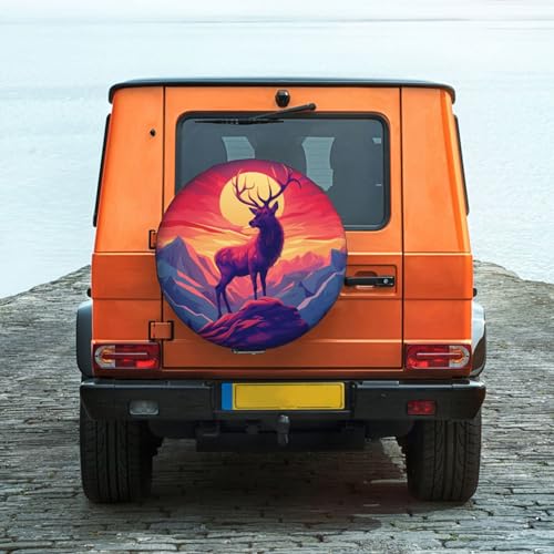 Image of Abstract Mountain Sunset and Deer Spare Tire Cover Wheel Protectors Weatherproof Deer Pattern Wheel Covers Universal Fit for Trailer RV SUV Truck Camper Travel Trailers Accessories 17 Inch