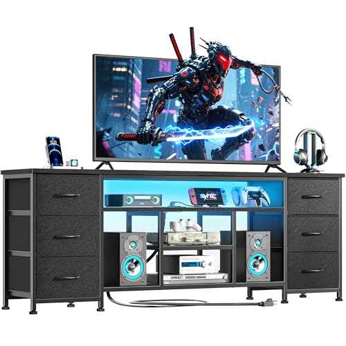 Furologee LED TV Stand for 65 70 Inch TV 63 Inch Entertainment Center with Power Outlets 6 Fabric Drawers Dresser for Bedroom Media Console with Open Shelves PU Leather Surface Black