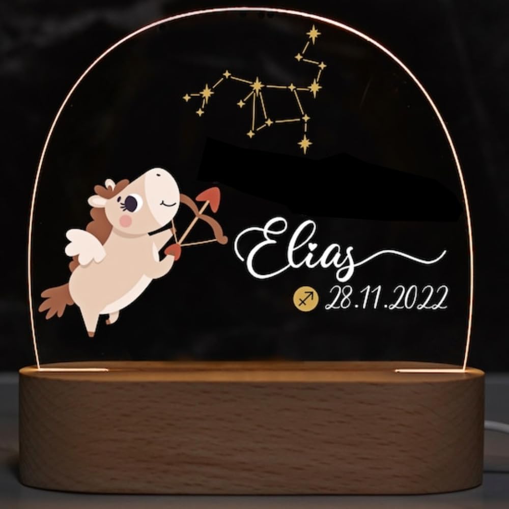 Fallover Personalised Wooden Base Night Light with Baby Name, Custom Lamp for Baby Boy Girl Nursery, Constellation Design, Baby Sleep Light, Christening Birthday Christmas Day Gifts (Constellation 02)