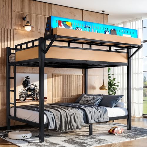 KEIKI Full Over Full Metal Bunk Bed with Built-in Shelves and Pegboard Storage, Heavy Duty Bunk Bed Frame with USB Ports & LED Lights, Space Saving Bed with Guardrail for Family Guest Room