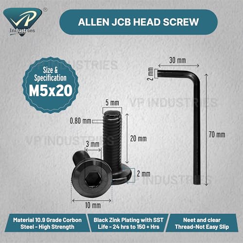 Image of By inchVP INDUSTRIES inch (Pcs-25) M5x20mm Allen JCB Flat Head Screw Black Zinc Plated High Tensile | Allen key Head Screw for Modular Furniture, Wooden Work, Electrical Fittings, DIY & Industrial Use
