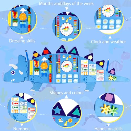 Oirtmiu Dinosaur Montessori Busy Board for Kids: 16 Activities Sensory Wall for Baby 6-12 Months 2 3 4 5 Years - Fine Motor Skills and Early Learning Toys for Toddlers - Image 3