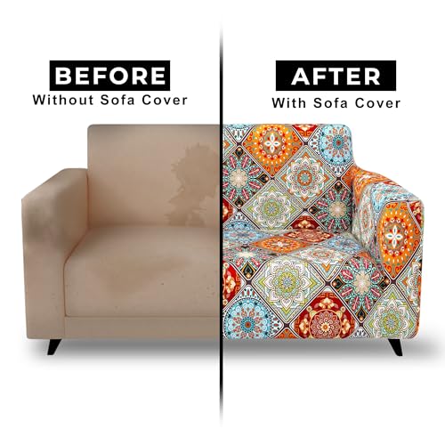 Image of Story@Home Sofa Cover 3 Seater Fully Covered | Stretchable Polyester Spandex Elastic Sofa Cover 3 Seater | Orange Motif Design 3 Seater Sofa Cover for Living Room & Create Your Own Customized Set