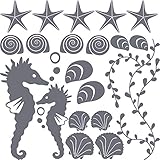 Wandtattoo Badezimmer mit zwei Seepferdchen - Badezimmeraufkleber Unterwasser Welt - Wandaufkleber Klebefolie Muscheln Seesterne Set / 57x57cm / Farbe 071 grau