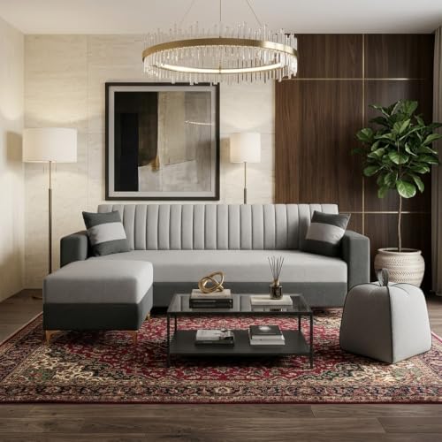 Image of FURNY Signature Regalia 4-Seater L-Shape Sofa Set with Movable Ottoman & Suri Pouf | Flexible LHS /RHS Layout | Boston Fabric | 40D Foam + Zigzag Spring | 3-Yr Warranty (Steel Grey - Light Grey)