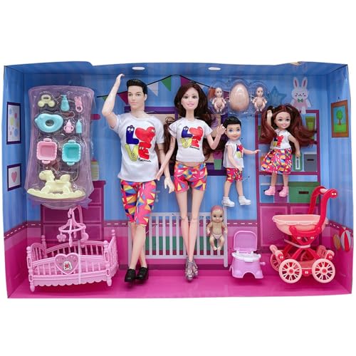 Xoeryoy Juego de muñecas Familiares de 5 muñecas Embarazadas con articulación móvil con bebé Boca Abajo, papá y 2 niños para educación y Accesorios para casa de