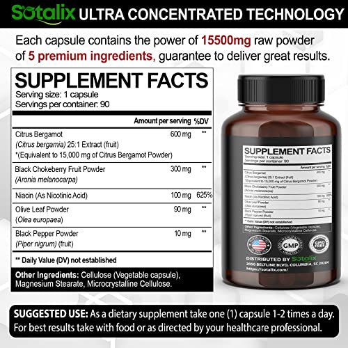Premium Citrus Bergamot 15500 Mg Organic Cholesterol Supplement With Niacin Black Chokeberry Olive Leaf Black Pepper - Heart & Cardiovascular Health Support 90-Day Support (90 Count (Pack 1)) #TOP1