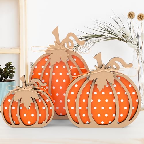 OLANRUN Fall Decorations for Home, Fall Decor - 3 Pcs Wooden Pumpkin Decor, Thanksgiving Decorations, Autumn Decor for Table Fireplace Shelf Bedroom