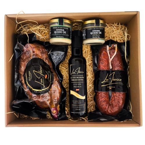 LUX IBÉRICO - Cesta Gourmet para Regalar 'Platea' – Caja de Productos Ibéricos – Lote con AOVE, Morcón de Bellota, Morcilla Patatera y Cremas de Queso de Oveja - Regalo Original Tradicional