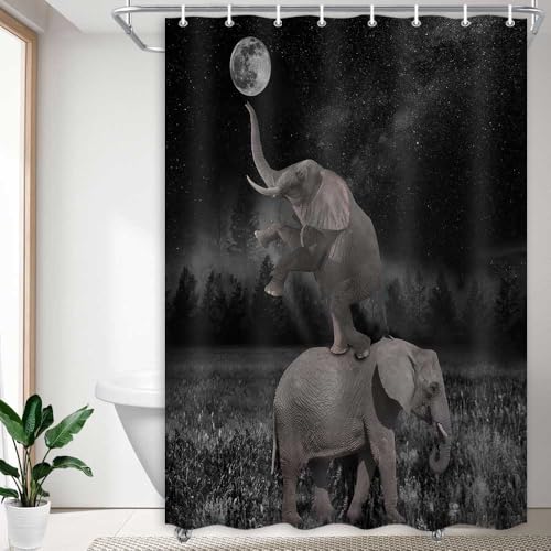 Image of Boziqr Funny Shower Curtains for Bathroom, Cute Elephant Moon Forest Bath Curtain, Rustic Farmhouse Decor Polyester Fabric Fun Cool Animals Black 47 x 64 Inches