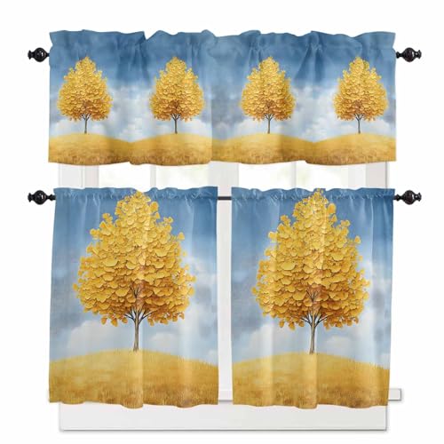 Yellow Tree Kitchen Curtains 24 Inch Length, 3 Piece Rod Pocket Small Half Tiers and Valance Set, Autumn Leaves Blue Sky Watercolor Small Large Window Treatment Decor for Bedroom/Bathroom Sink