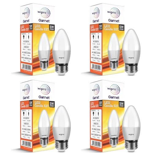 Image of wipro Garnet 5 W E27 Base Frosted Candle LED Bulb | Warm White (2700K) | Pack of 4 | Clear optics for sparkling effect | LED Filament Bulb for Home, office, chandellior, decorative lamp shade