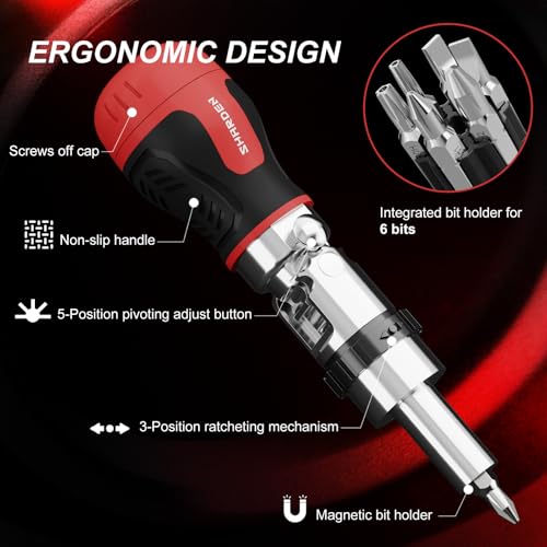 Image of SHARDEN 8 in 1 Stubby Ratcheting Screwdriver Multi Screwdriver Tool All in One with 6 CRV Bits Phillips, Slotted, Torx,180 Degree Pivoting Adjustable Angle Screw Driver Set for Tight Spaces