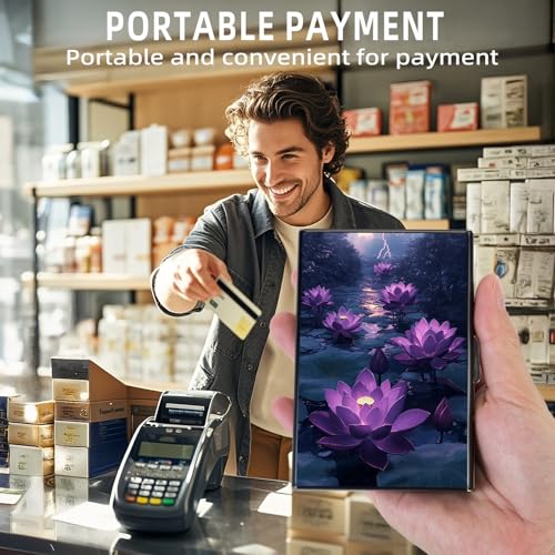 Metal Wallet, Minimalist Aluminum RFID Wallet & Credit Cards Wallets, Purple Lotus Flowers Slim Mini RFID Blocking Credit Card Holder for Men & Women, 6 Slots Front Pocket Card Case4