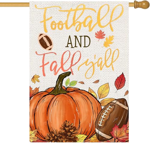 Fall Pumpkin House Flag 28x40 Double Sided Football and Fall Yall Large Garden Flags for Outside Decor Autumn Thanksgiving Holiday Yard Flag Outdoor Seasonal Sports Game Day Sign Decorations for Home