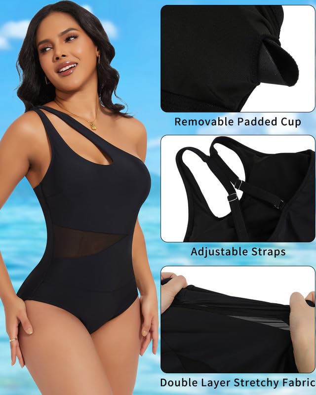 SHAPERIN Women One Piece Swimsuits Tummy Control One Shoulder Bathing Suits Cutout Asymmetrical Padded Swimwear3