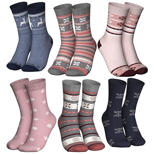 Damen THERMO Socken (6 Paar) Wintersocken für Damen mit Muster & Design Vollfrottee für gemütliche Wärme