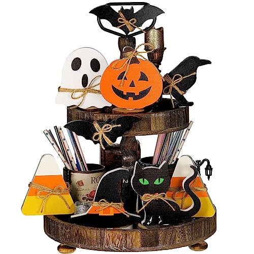 Hoteam 9 Pcs Halloween Tiered Tray Decor Halloween Decorations Pumpkin Ghost Wooden Signs Bat Cat Witch Hat Freestanding Table Sign Farmhouse Table Centerpiece Items for Room Home Party Favors