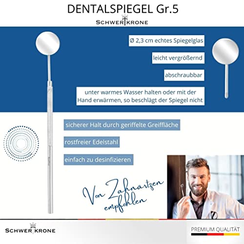 Schwertkrone® Zahnspiegel [HOCHWERTIGER Edelstahl] - Zahnarztspiegel Mundspiegel - Zahnarzt Spiegel Dentalspiegel - Leicht Vergrößernder Spiegel Zahnarzt - Handlich & Desinfizierbar - (Größe: 5)