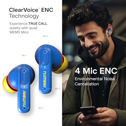 Image of Number Super Buds 555 ANC (32db) Truly Wireless in Ear Earbuds with 66H Playtime, Dual Pairing Ear Buds, 35ms Low Latency, 13mm Speakers, 4Mic ENC, BT 5.4, Fast Charging, Made in India (Blue Lava)