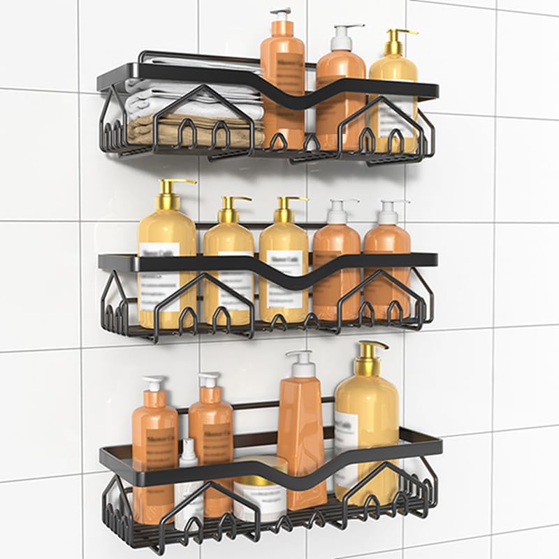 Wall-Mounted Shower Caddy Organizer 3 Pcs No Drilling Hanger Storage Rack for Kitchen Bathroom Black L