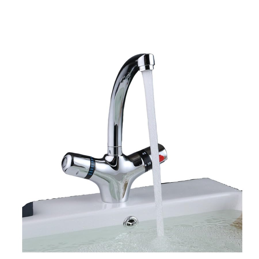 Mitigeur thermostatique de lavabo robinet salle de bain avec thermostat poignée rotative sous meuble chromé