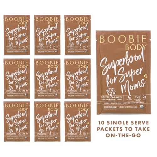 Image of Boobie Body Superfood Protein Meal Replacement Shake, Coffee Caramel Flavor | 19g Protein | Safe For Pregnancy, Lactation, & Motherhood | Organic, Vegan, Zero Sugar, 10 Single Serve Packets (1.06 oz each)